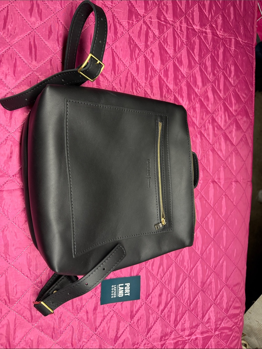 New Portland Black Leather backpack with Gold Zippers